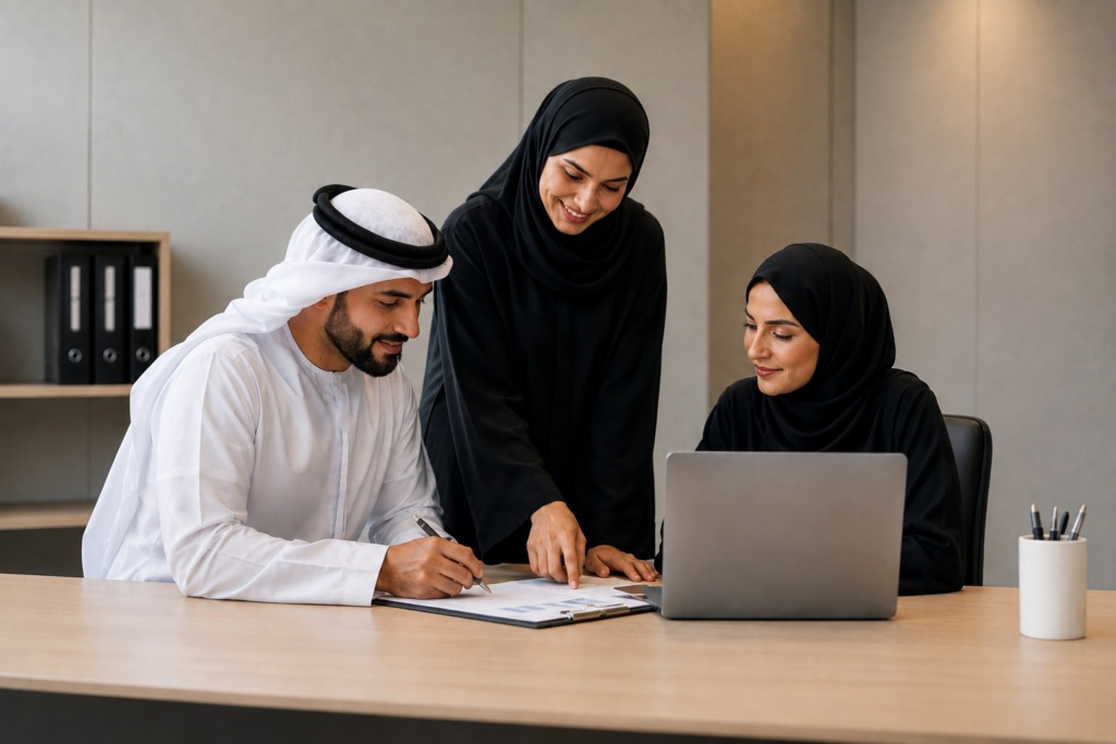 An Emirati man and two women in traditional dresses sitting in a modern office working together on a laptop.